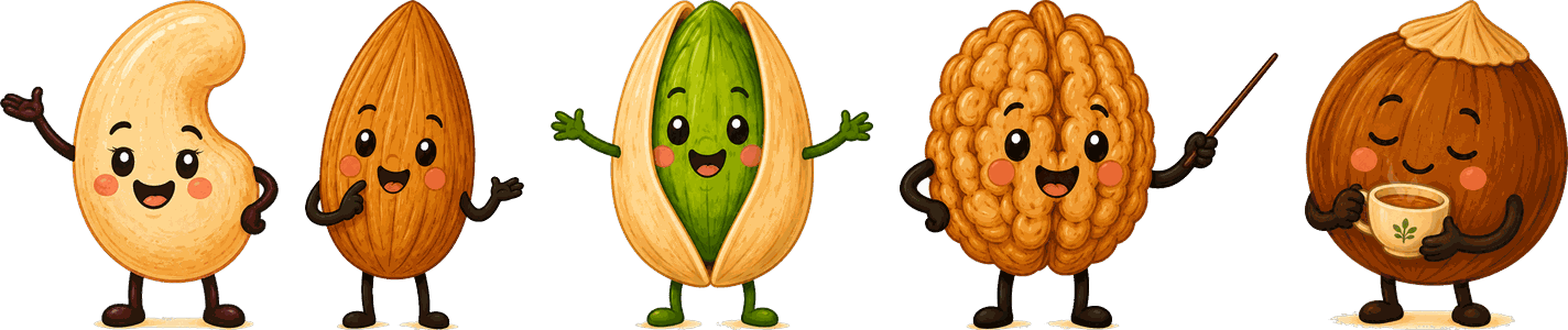 Los personajes de Almendra Mix: la castaña coqueta, la almendra acogedora, el pistacho alegre, la nuez sabia y la avellana hogareña