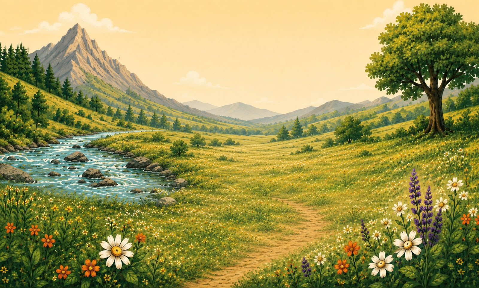 Paisaje ilustrado con un estero, flores silvestres y la montana al fondo, el mismo del mural de la tienda
